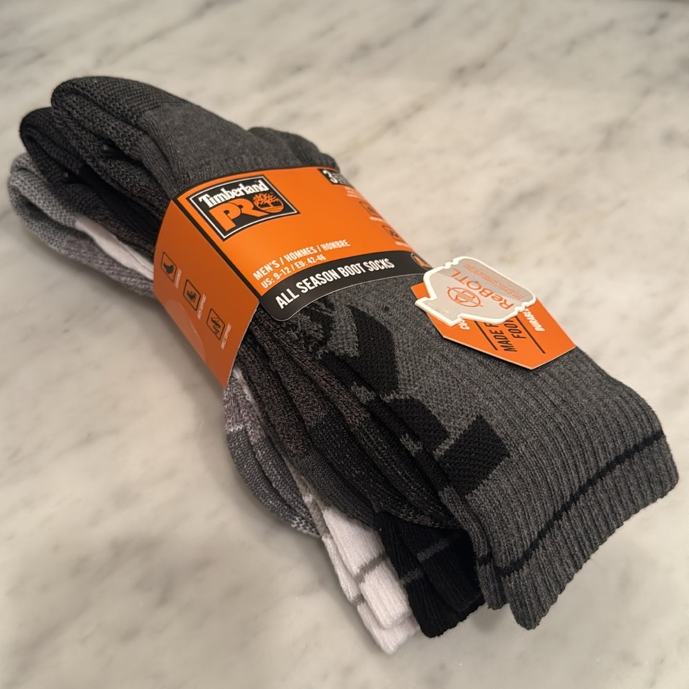 Timberland PRO Casual Crew Socks 3 pair pack, gray black white Sz L (shoe9-12)